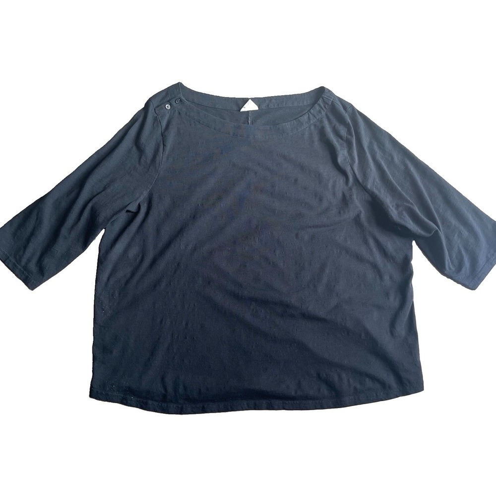 Pact Women's XXL Black Organic Cotton Boat Neck Top 3/4 Sleeve Button Shoulder *